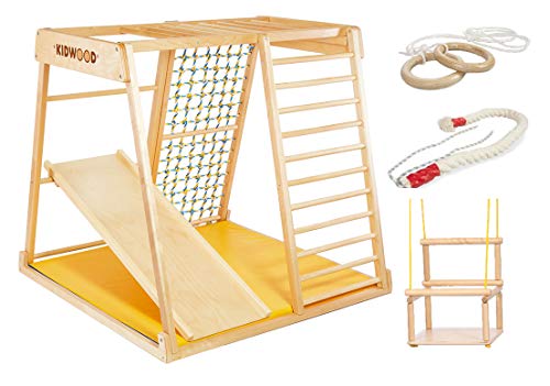 KIDWOOD Children Climbing Frame – Playground for kids, Climbing Wall and Monkey Bars, Wooden Climbing Station for Childs Mat Included