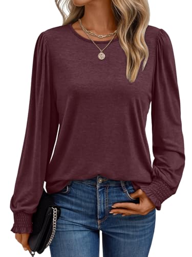 AUTOMET Long Sleeve Shirts for Women Business Casual Tops Dressy Blouses with Smocked Cuffs