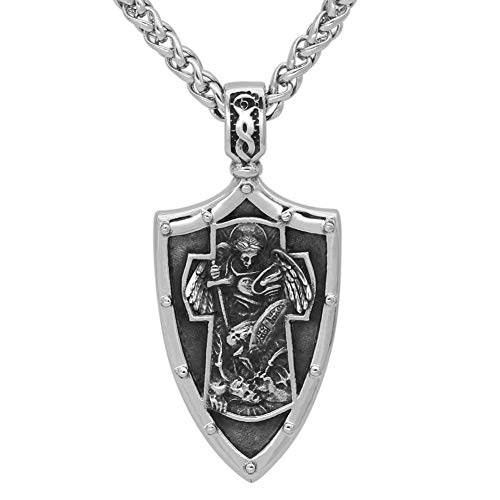 GuoShuang ST.MICHAEL ARCHANGEL CROSS SHIELD PRAYER MEDAL Amulet PENDANT NECKLACE Stainless Steel