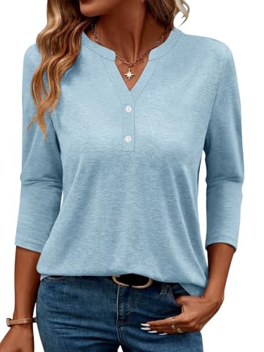 TICTICMIMI Women's V Neck 3/4 Sleeve Tops Button Down Casual T Shirts Basic Loose Fit Tunic Blouse