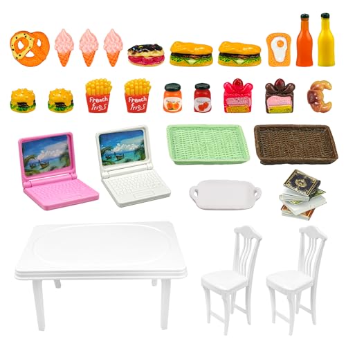 30 Pcs Miniature Food Drinks Laptop Computer Books Toys Dollhouse Miniature Furniture Plastic Table Fits Accessories Scale Dollhouse Playsets Girl Mini Drink Food Party