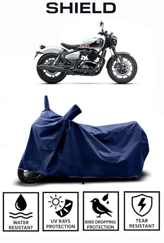 Image of Shield Heavy Duty Bike Cover for Royal Enfeild Shotgun 650 | All-Season, Tear-Proof Fabric | with Side Mirror Pocket & Buckle Belt | Royal Enfeild Shotgun 650 Bike Cover (Blue)