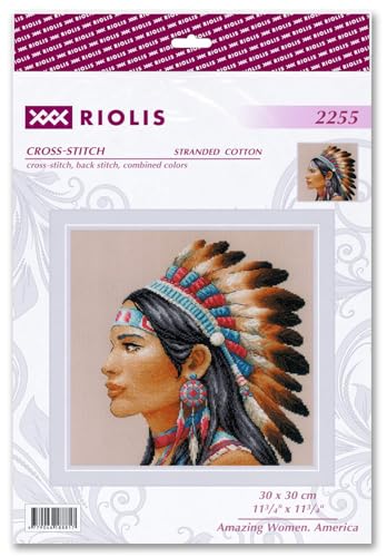 Image of RIOLIS - Amazing Women. America 2255, Native American Cross Stitch Kit 11 inch x 11 inch, Cross Stitch Kit for Beginners & Advanced, Crossstitching Kits Adult, Counted Stitching Kits, Embroidery Kit