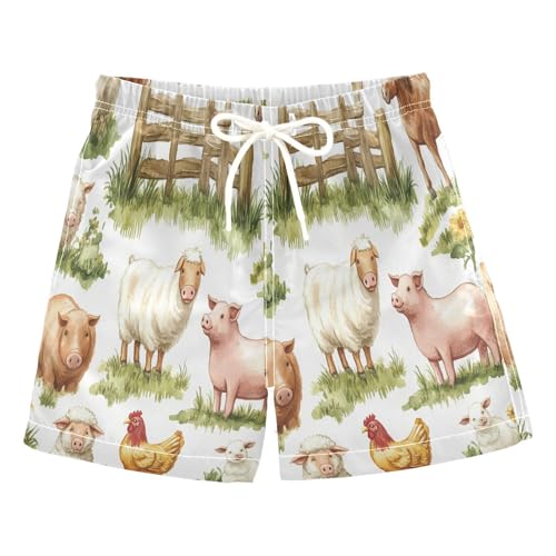 7t Boys Swim Trunks Cute Farm Animals on Grass Comfortable Swimsuit for Boys Water Shorts,S
