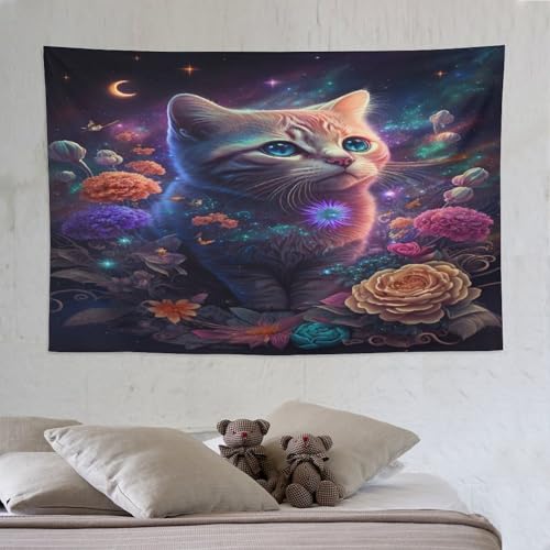 Tenture murale pour cacher un mur vide | Tapisserie chat et fleurs 150x230