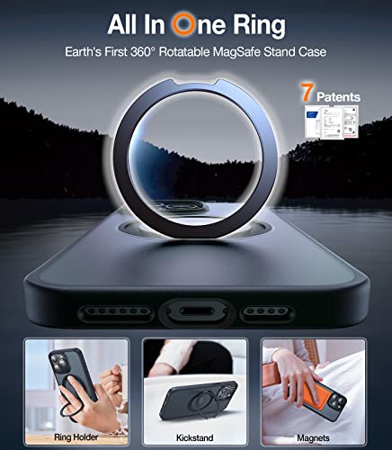 Torras 360° Rotatable Ring For Iphone 14 Pro Max Phone Case [Compatible With Magsafe] With Stand, Magnetic Ring Holder Military Grade Shockproof Translucent Back Slim Upro Ostand Pro, Black #TOP1