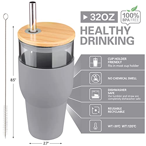 Kytffu 32Oz Glass Tumbler With Straw And Lid, Reusable Boba Smoothie Cup Iced Coffee Tumbler With Silicone Sleeve, Fits Cup Holder Glass Water Bottle Bpa Free, Gray #TOP4