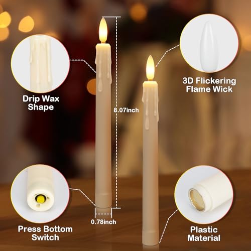 Image of 2 PCS LED Flameless Taper Candles with Remote Timer, 7.9 inch Ivory Taper Candle Sticks Battery Operated, Plastic Window Taper Candles with 3D Wick Flickering Flame for Christmas Home Decor