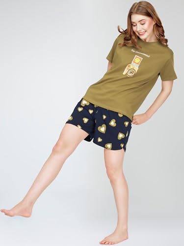 Image of ZEYO Night Suit for Women's Floral & Cheetah Printed Cotton Night Dress of Top and Short's Set 5737