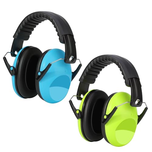 Kriogor Ear Defenders Children 2 Pack, 26dB SNR Soft Kids Ear Defenders, Noise Cancelling Headphones, Hearing Protection Earmuffs Adjustable Ear Protector for Boys Autism Flights Study (Green & Blue)