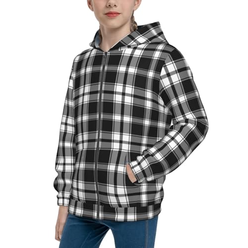 Royal Plaid Pattern Kids Pullover Hoodies Boys Zip Up Sweatshirts Girls Athletic Clothes with Pocket
