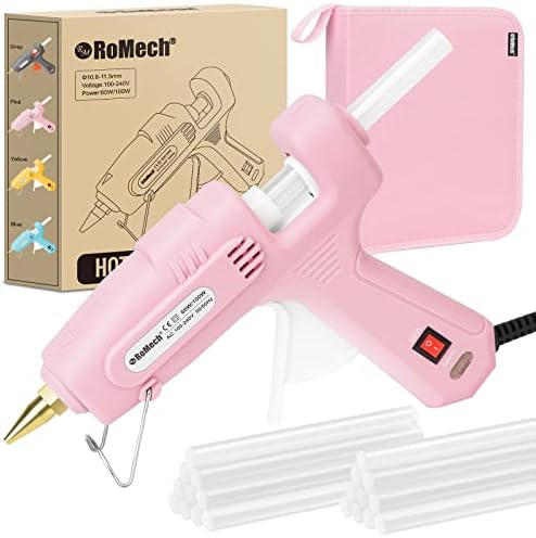 ROMECH Full Size Hot Glue Gun with 60/100W Dual Power and 21 Hot Glue Sticks (7/16"), Fast Preheating Heavy Duty Industrial Gluegun with Storage Case for Crafting, DIY and Repairs (Pink)