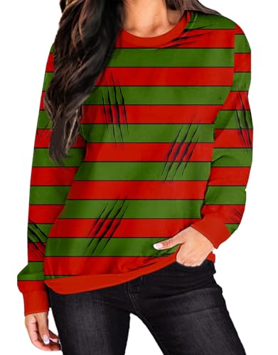 Deerose Halloween Red Stripes Krueger Sweatshirt Long Sleeve Fredy Shirts Killer Lightweight Blouse M