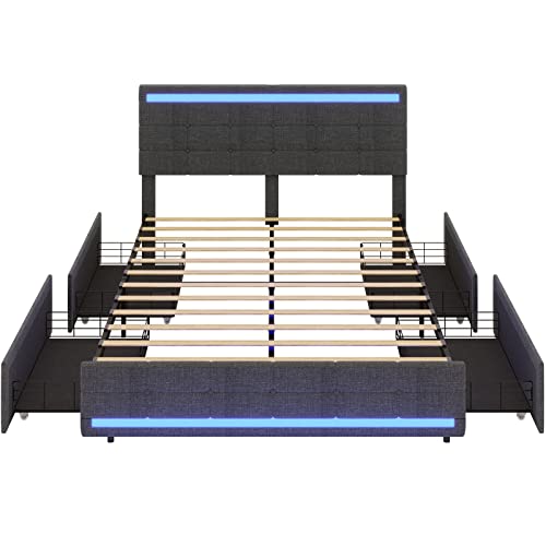 Adorneve Queen Led Bed Frame With 4 Drawers And 2 Usb Charging Station, Queen Size Bed Frame With Led Lights Headboard Footboard, Upholstered Platform Bed With Storage, No Box Spring Needed, Dark Grey #TOP6
