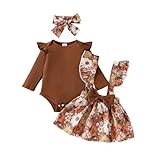 Aiwpstoin Newborn Baby Girl Outfit Ribbed Romper Top Boho Floral Suspender Skirt Dress Overalls Headband Set Fall Clothes (Coffee, 12-18M)