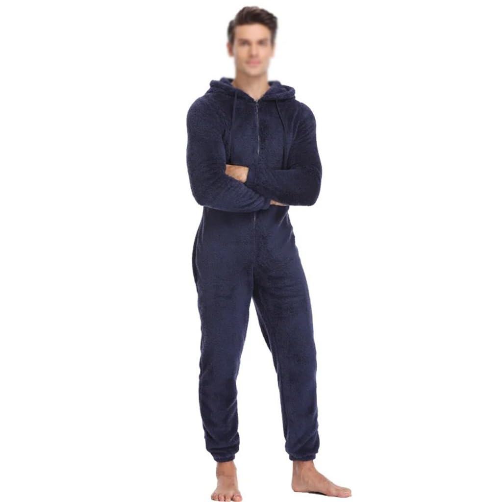 Men's Winter Warm Plush Splicing Onesie Fluffy Ones-piece Pajamas Adult Men's Clothing(M)