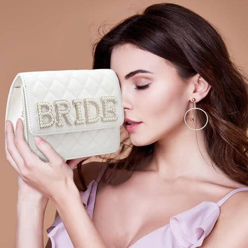 Image of Eccliy Bride Purse White Clutch Wifey Gift Mrs Bride Purse with Pearl Chain for Wedding Day Bridal Shower Gift Bachelorette