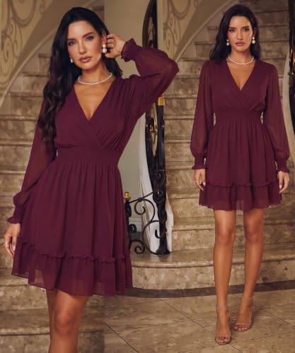 Image of Prettywear Women's Chiffon Long Sleeve Wrap Neck Wedding Guest Mini Dress | Wrap V Neck Smocked Waist Flowy Dress, Spring Fall Outfits for Cocktail, Vacation, Date Night Party