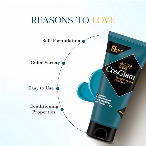 Image of Cosglam Semi Permanent Hair Color - Peacock Blue (#52) for Women & Men (120g) | Vegan Colorful Hair Dye | No Ammonia, No Peroxide | Non-Oxidative | Conditioner Enriched Glossy Finish