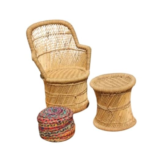 Handmakers Bamboo Mudda Chair Set For Balcony | Outdoor Mudda Beige Chair And Mudda Beige Stool