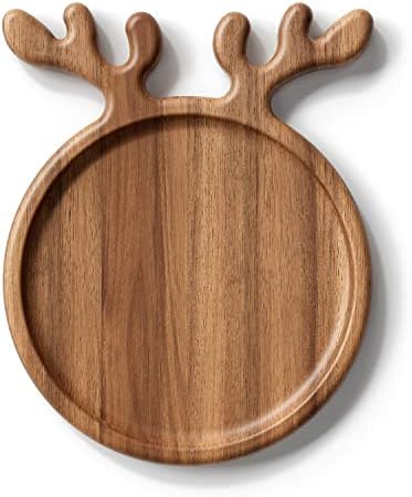 Dofira Acacia Wood Serving Platter with Antler Handles, Decorative Plate Kitchen Organizer, 20" Round Wooden Food Tray for Snack Fruit Appetizer, Forest Series Gift for Christmas, Wedding, Birthday