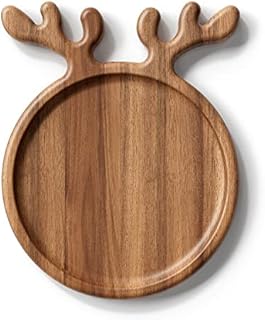 Dofira Acacia Wood Serving Platter with Antler Handles, Decorative Plate Kitchen Organizer, 20" Round Wooden Food Tray for Snack Fruit Appetizer, Forest Series Gift for Christmas, Wedding, Birthday
