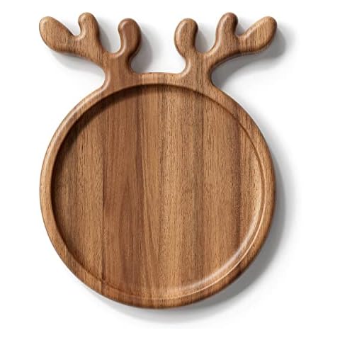 Dofira Acacia Wood Christmas Serving Platter with Antler Handle, 6" Round Wooden Food Dish Plate, Decorative Charcuterie Board for Cheese Bread, Christmas Platter for Housewarming Decro Wedding Cover