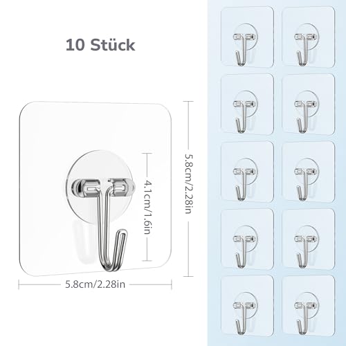 Elalove 10 Stück Klebehaken Transparent, Selbstklebende Wandhaken, ohne Bohren, Deckenhaken Selbstklebend, Handtuchhaken für Küche, Bad & Haushalt