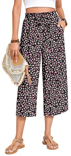 Image of Anyhold Women's Capri Pants Drawstring Casual Palazzo Trousers with Pockets Loose High Waisted Wide Leg Lounge Pants