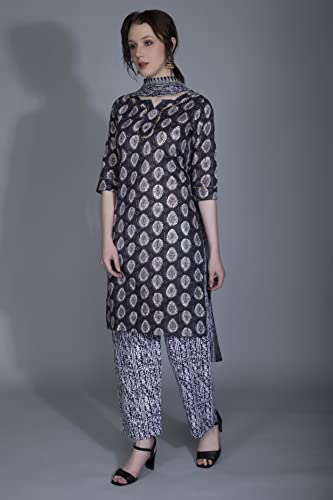 Image of DHRUVI TRENDZ Womens Cotton Blend Women Kurta Set with Duptta and Pant Regular Fit Straight (DT-K2695&P117&D72 Black S)