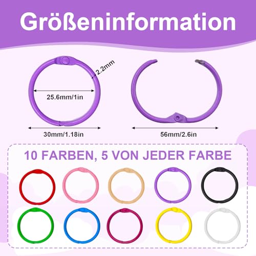 50 Stück Buchringe, 30mm Buchbinderinge Metall,Loseblatt Verbinder, Bunt Ringbuch Ringe Schlüsselringe,Bunt Karteikarten Bücher Ringe für Scrapbook, Album, Memo-Ablage, Fotoalbum Büro Handwerk