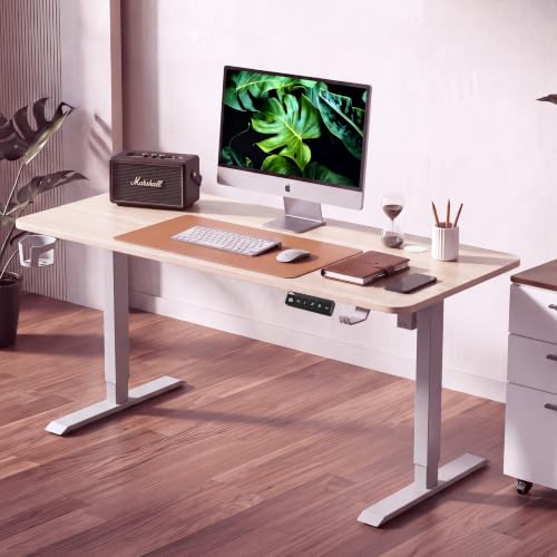 Image of ET V ONE Lite Electric Standing Desk with 1-Piece Solid Top | Heavy Duty Height Adjustable Computer Desk | 3 Memory Preset | 5 Year Warranty | for Home Office (White Oak, 120 * 60 CM)