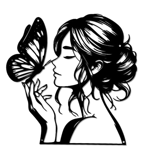 YATEASLU Butterfly & Serene Woman Silhouette Metal Wall Decor- Elegant Bohemian Art, Black Indoor Outdoor Decor for Home (11.81'x11.81', Black)