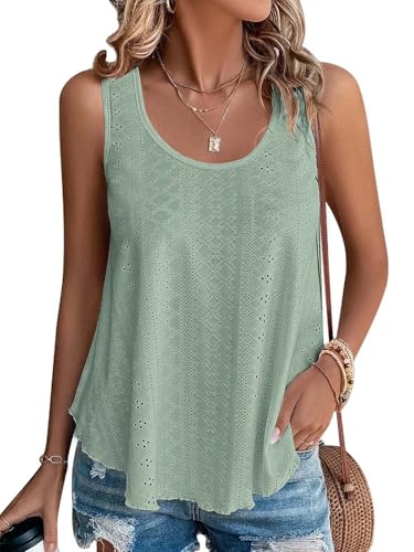 ATHMILE Womens Tank Tops Sleeveless Eyelet Embroidery Scoop Neck Loose Fit Casual Summer Flowy Beach