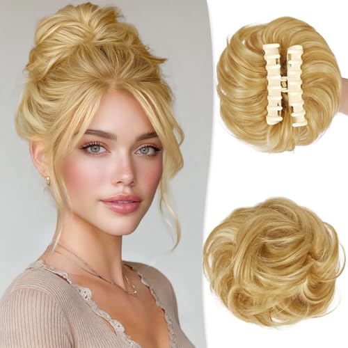 RUWISS Krallen Clip Messy Bun Haarteil Echthaar Wellig Lockig Chigno Haardutt Haarverlängerung Hochsteckfrisur Clip in Claw Haar Scrunchies für Damen（Helles Goldblond mit Bleichblonden Strähnchen）