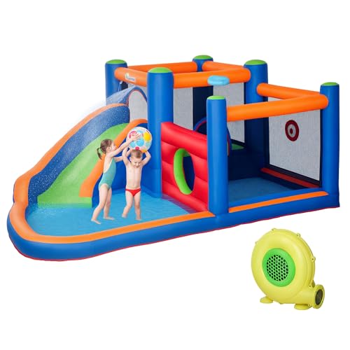 Outsunny Castillo hinchable, aire de juegos con tobogán Trampolina piscinas + 3-8 años con inflador y bolsa de transporte, 380 x 340 x 170 cm, multicolor