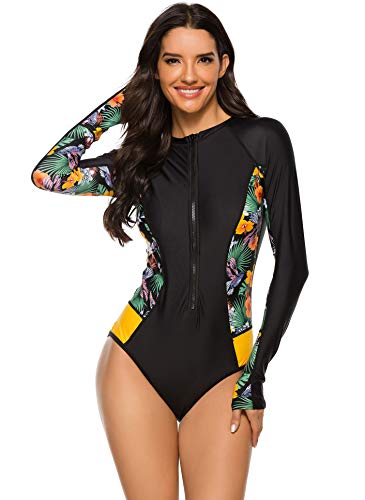 Yateen Womens Athletic Training Swimsuit Long Sleeve Rashguard #2 Black/Green #TOP1