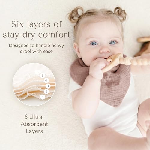 Image of Konssy 10 Pack Baby Muslin Bandana Bibs for Drooling and Teething | 100% Cotton Bibs for Boy Girl, Soft Absorbent 6-Layer Thick Cloth, Pre-Washed Less Shrinkage, Newborn Infant Toddler