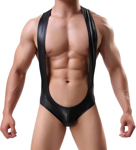 Men's Suspender Wrestling Singlet Jockstraps One-Piece Jumpsuit Faux Leather Leotard Bodysuit