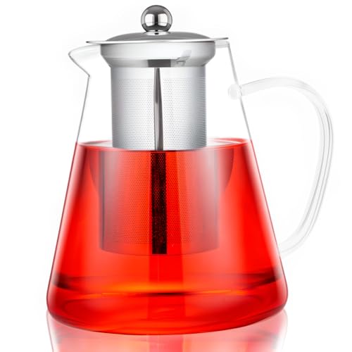 Spring Chef Removable Infuser Tea Pot Handmade, Heat-Resistant Borosilicate Glass Strainer Teapot, 1400ML/49.27OZ Round Glass Teapot with Infuser,