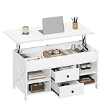 Hzuaneri Mesa de Centro Elevable, Mesa de Salón con 2 Cajones, 3 Compartimentos Ocultos, 4 Compartimentos Abierto, 50 x 100 x 45-61,3 cm, Blanco CT22113B