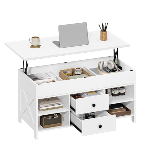 Hzuaneri Couchtisch, höhenverstellbarer Wohnzimmertisch, Sofatisch, 2 Schubladen und Versteckter Stauraum, 50 x 100 x 47,3-61,3 cm, für Wohnzimmer, Esszimmer, Büro, Weiß CT22113B