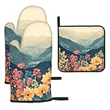 Manoplas de horno y soportes para ollas, diseño de flores alpinas, juego de 3 guantes de cocina para hornear y asar
