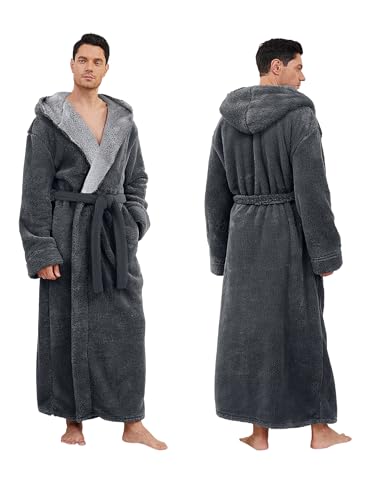 Hellomamma Mens Long Robes with Hood Full Length Hooded Bathrobe Fleece Plush Fluffy Housecoat Nightgown2
