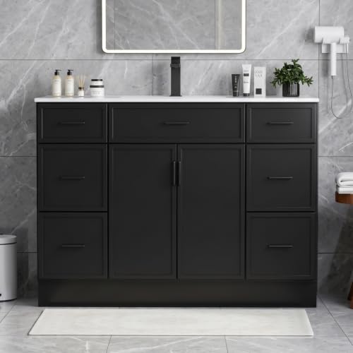 Image of 48 Inch Bathroom Vanity with Sink and Countertop, Modern Farmhouse Bathroom Vanity Cabinet with Soft Close Doors & 6 Drawers, Freestanding Single Sink Bathroom Storage Cabinet, Black