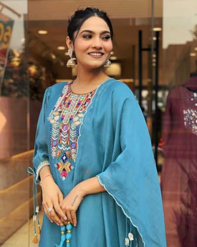 Image of Women's Cotton Mirror Work Embroidered Straight Kurti with Pant and Dupatta Set