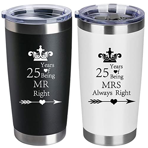 HLIKEM Set of 2 25th Wedding Engagement Anniversary Tumblers for Couples Parents 20 OZ Stainless Steel Insulated Car Tumbler Travel Mug Mr Right Mrs Always Right 25 Years Anniversary Funny Present