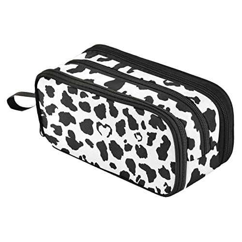 Image of Fustylead Black White Milk Cow Skin Print Large Pencil Pen Case Stationery Bag, 3 Compartments School College Office Desk Organizer Storage Pouch Marker for Teen Boys Girls Students