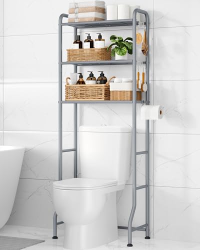 Image of Kitsure Over Toilet Storage Rack, 63.2 inch H Space-Saving, Holder & Hooks | Bathroom, Laundry Room, Small Spaces, Families, Durable Metal, Grey, 3 Tier