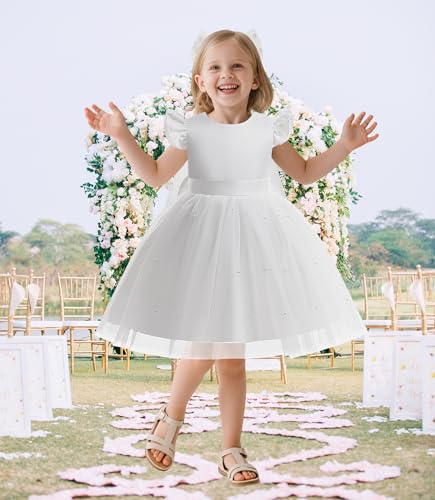 Girl Bowknot Flower Dresses with Headwear Ruffle Tulle Satin Party Birthday Bridesmaid Communion Pageant Prom Gown3